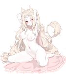  1girl ;) absurdres animal_ears archetto_(arknights) arknights armpits arms_behind_back arms_up bandaid bandaid_on_pussy bandaids_on_nipples barefoot blonde_hair cape circlet crossed_bandaids full_body highres lilac_(k32420276) long_hair looking_at_viewer muted_color naked_cape navel nude one_eye_closed pasties red_eyes sitting smile solo tail unfinished very_long_hair wariza 