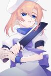  1girl bangs blue_eyes blue_wristband bow dress hashitsuki_nata hat higurashi_no_naku_koro_ni holding holding_weapon looking_at_viewer momotarekawa nata_(tool) open_mouth orange_hair purple_bow ryuuguu_rena short_hair simple_background solo weapon white_background white_dress white_headwear wristband 