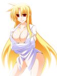  1girl blonde_hair blush breasts cleavage closed_mouth engo_(aquawatery) fate_testarossa highres large_breasts long_hair looking_at_viewer lyrical_nanoha mahou_shoujo_lyrical_nanoha_strikers naked_shirt no_bra no_panties red_eyes shirt simple_background smile solo white_background white_shirt 