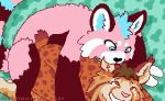  2021 ailurid anthro azurel_husky duo ear_nibble felid feline feral from_behind_position green_background kotakat lynx male mammal misterkittens mounting pink_body red_panda sex simple_background smile 