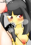  2022 2_fingers anthro balls big_breasts black_hair blush bodily_fluids breasts censored censored_genitalia censored_penis drooling duo fellatio female fingers friita generation_3_pokemon genitals hair hi_res human intersex intersex/female interspecies lactating looking_away mammal mawile nintendo nipples noseless not_furry oral penile pokemon pokemon_(species) pokephilia red_eyes saliva saliva_on_breasts saliva_on_chest sex signature steam yellow_body 