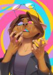  2023 5_fingers anthro breasts brown_hair claws clothed clothing digital_media_(artwork) domestic_cat eyebrows eyelashes eyewear felid feline felis female fingers glasses hair kyander mammal simple_background 