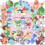  anniversary bulbasaur charmander chespin chikorita chimchar closed_eyes closed_mouth cyndaquil double_v fennekin food froakie fruit fuecoco grookey hand_up hands_up holding holding_food holding_fruit holding_stick litten mochopaccho mudkip one_eye_closed open_mouth oshawott piplup poke_ball pokemon pokemon_(game) polka_dot polka_dot_background popplio quaxly rowlet scorbunny smile snivy sobble sprigatito squirtle stick tepig torchic totodile treecko turtwig v 