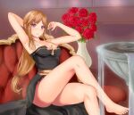  1girl arch_bishop_(ragnarok_online) arm_behind_back arms_up bangs bare_arms bare_legs bare_shoulders barefoot black_dress blonde_hair blush breasts cleavage closed_mouth collarbone couch crossed_legs dress eyelashes eyes_visible_through_hair flower fountain frown gold_trim hand_in_own_hair leaf long_hair looking_at_viewer low-tied_long_hair margaretha_sorin medium_breasts on_couch parted_bangs pink_eyes ragnarok_online red_flower red_rose rose sail_(sail-away) side_slit sitting solo sparkle strapless strapless_dress thighs toenails vase water 