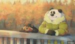  afternoon ailurid anthro autumn baufroy bear clothed clothing cute_expression cute_eyes detailed_background duo forest giant_panda guard_rail happy headgear headwear hi_res male mammal plant red_panda sad tagme tree yellow_leaves 