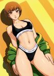  1girl bangs breasts brown_eyes brown_hair calvin_klein commission green_jacket hand_on_own_thigh highleg highleg_panties highres jacket looking_at_viewer medium_breasts navel open_clothes open_jacket oppaiserothicc panties persona persona_4 satonaka_chie short_hair smile solo sports_bra standing thighs track_jacket underwear 
