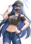  1girl absurdres alternate_costume arikawa_rui baseball_cap belt black_choker black_hair black_headwear black_shirt blue_archive blue_eyes blue_hair blue_pants bra_strap chain choker colored_inner_hair cowboy_shot crop_top crop_top_overhang dog_tags halo hand_on_headwear hand_on_hip hand_up hat highres long_hair looking_at_viewer mask midriff mouth_mask multicolored_hair navel off_shoulder pants saori_(blue_archive) shirt short_sleeves solo standing stomach torn_clothes torn_pants two-tone_hair very_long_hair wristband 