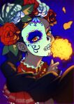  1girl blue_background braid brown_hair chama_kou dia_de_muertos facepaint falling_petals flower glowing_flower hair_flower hair_ornament hand_up highres holding holding_flower long_hair orange_eyes original parted_lips petals red_flower red_pupils solo upper_body white_flower 