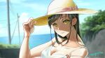  1girl absurdres blurry blurry_background breasts chama_kou cleavage closed_mouth day dress grey_hair hand_up hat hat_ribbon highres horizon long_hair looking_at_viewer medium_breasts o-ring_dress ocean original outdoors pink_ribbon portrait ribbon signature sleeveless sleeveless_dress solo straw_hat sun_hat sundress sweat utility_pole white_dress yellow_eyes 
