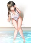  1girl absurdres arm_at_side arm_support bang_dream! bangs bare_arms bare_legs bare_shoulders black_hair blush breasts cleavage closed_mouth collarbone commentary competition_swimsuit covered_navel from_above full_body furiousghafo groin hair_behind_ear hair_tucking hand_up highleg highleg_swimsuit highres knees_together_feet_apart large_breasts leaning_to_the_side long_hair looking_at_viewer looking_up one-piece_swimsuit pool poolside purple_eyes see-through shadow shirokane_rinko sidelocks sitting soaking_feet solo swimsuit thigh_gap water water_drop wet wet_clothes wet_swimsuit white_one-piece_swimsuit 