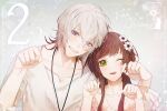  1boy 1girl 2018 anemone_(flower) brown_hair character_name collar_x_malice dated flower green_eyes grey_background grey_hair hair_flower hair_ornament hetero hoshino_ichika_(collar_x_malice) kaori long_hair looking_at_viewer multicolored_hair okazaki_kei purple_eyes short_hair white_background white_flower white_hair 