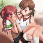  2girls armband bandages brown_eyes brown_hair carrying closed_mouth embarrassed hair_ribbon highres long_hair looking_at_another misaka_mikoto multiple_girls open_mouth outdoors princess_carry ribbon school_uniform shirai_kuroko short_hair smile toaru_kagaku_no_railgun toaru_majutsu_no_index tokiwadai_school_uniform twintails yonabe yuri 