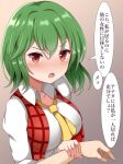  1girl ascot blush breasts collared_shirt commentary_request green_hair guard_vent_jun hair_between_eyes holding_another&#039;s_wrist kazami_yuuka large_breasts open_mouth plaid plaid_vest pov red_eyes red_vest shirt short_hair touhou translation_request vest white_shirt yellow_ascot 