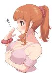  1girl absurdres bare_shoulders blush breasts brown_eyes cleavage collarbone girls_und_panzer hair_ornament hair_scrunchie highres large_breasts long_hair open_mouth orange_hair ponytail scrunchie shiny_skin shirt simple_background solo sweat takebe_saori upper_body white_background yabai_gorilla 