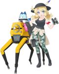  1girl bag binoculars blonde_hair blue_eyes boots calenda_(kemono_friends) camouflage cardigan gloves hat hat_feather kemono_friends kemono_friends_3 long_hair looking_at_viewer lucky_beast_(kemono_friends) official_art open_mouth pants ribbon robot tank_top transparent_background twintails 
