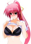  1girl black_bra blue_eyes blush bra braid breasts cleavage closed_mouth clothes_lift engo_(aquawatery) hair_ribbon large_breasts lifted_by_self lingerie long_hair lyrical_nanoha mahou_shoujo_lyrical_nanoha mahou_shoujo_lyrical_nanoha_a&#039;s mahou_shoujo_lyrical_nanoha_strikers pink_hair ponytail ribbon shirt shirt_lift signum simple_background smile solo underwear white_background white_shirt 