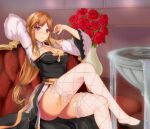  1girl arch_bishop_(ragnarok_online) arm_behind_back arms_up bangs black_dress black_footwear blonde_hair blush breasts cleavage closed_mouth couch crossed_legs dress eyelashes eyes_visible_through_hair flower fountain frown gold_trim hand_in_own_hair high_collar high_heels leaf long_hair long_sleeves looking_at_viewer low-tied_long_hair margaretha_sorin medium_breasts on_couch parted_bangs pink_eyes ragnarok_online red_flower red_rose rose sail_(sail-away) shoes shrug_(clothing) side_slit sitting solo sparkle strapless strapless_dress thighhighs thighs two-tone_dress vase water white_dress white_thighhighs wide_sleeves 