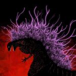  black_background black_eyes claws dandagouglas english_commentary glowing godzilla_(series) godzilla_(shin) highres looking_at_viewer multicolored_background no_humans open_mouth red_background sharp_teeth shin_godzilla simple_background solo spines standing teeth upper_body 