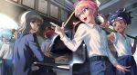  brown_hair dark_skin dolustoy goggles goggles_on_head hamano_kaiji hayami_tsurumasa highres inazuma_eleven_(series) inazuma_eleven_go inazuma_eleven_go_chrono_stone instrument kirino_ranmaru kurama_norihito music piano pink_hair playing_instrument red_hair shindou_takuto smile 