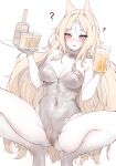  1girl :d @_@ absurdres alcohol animal_ears archetto_(arknights) arknights bare_legs bare_shoulders barefoot beer beer_mug black_bow black_bowtie black_leotard blonde_hair blue_eyes blush bow bowtie breasts cleavage covered_navel cup detached_collar drunk heterochromia highres holding holding_cup holding_tray large_breasts leotard lilac_(k32420276) long_hair looking_at_viewer mug muted_color nose_blush open_mouth red_eyes simple_background smile solo spread_legs squatting strapless strapless_leotard traditional_bowtie tray unfinished very_long_hair white_background 