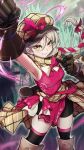  1girl absurdres bangs bare_shoulders bike_shorts bow braid breasts fire_emblem fire_emblem_engage framme_(fire_emblem) gloves grey_hair hat hat_bow highres long_hair looking_at_viewer open_mouth pink_bow rooru_kyaabetsu scarf single_braid sleeveless smile solo thighhighs thighs yellow_eyes 