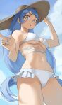  1girl :o absurdres alternate_costume bikini blue_eyes blue_hair boku_no_hero_academia breasts bright_pupils cloud day fengling_(furin-jp) from_below hadou_nejire hat highres long_hair looking_at_viewer medium_breasts navel open_mouth outdoors solo standing sun_hat swimsuit underboob white_bikini white_pupils 