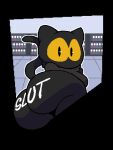  anthro big_butt black_body black_eyes body_writing breasts butt clothing domestic_cat english_text felid feline felis female google google_doodle hi_res huge_butt looking_at_viewer looking_back magic_cat_academy mammal momo_(google) robe solo text wide_hips windreg1 yellow_sclera 