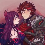  1boy 1girl armor bare_shoulders blue_dress commentary diamant_(fire_emblem) dress fire_emblem fire_emblem_engage from_side highres ivy_(fire_emblem) long_hair looking_at_another off-shoulder_dress off_shoulder profile purple_eyes purple_hair red_eyes red_hair rye_(riahk) shoulder_armor smile upper_body 