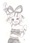  1girl ;d arm_up bare_shoulders blush cheering chest_sarashi clenched_hand collarbone fang greyscale happy highres kagamine_rin looking_at_viewer monochrome naked_ribbon number_tattoo one_eye_closed ribbon sarashi shorts shoulder_tattoo signature sketch skin_fang smile solo tattoo topless vocaloid vorusan_(volver39) 