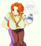  1girl absurdres belt blue_eyes breasts english_text feet_out_of_frame highres large_breasts long_skirt looking_at_viewer malon parted_lips pointy_ears shirt short_sleeves simple_background skirt smile solo speech_bubble the_legend_of_zelda the_legend_of_zelda:_ocarina_of_time white_background white_shirt whoopsatro 