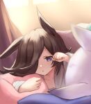  2girls animal_ears black_hair blurry blurry_foreground commentary depth_of_field grey_shirt hair_over_one_eye half-closed_eyes highres horse_ears horse_girl indoors long_hair long_sleeves lying mejiro_mcqueen_(umamusume) morning multiple_girls omochi_inu_nekobako on_bed on_stomach open_mouth out_of_frame pajamas pillow purple_eyes purple_hair rice_shower_(umamusume) shirt sleepy sunlight umamusume under_covers window 