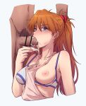  1boy 1girl absurdres apron blue_eyes breasts breasts_out cum cum_in_mouth cumdrip fellatio hairpods hetero highres long_hair neon_genesis_evangelion oral penis pink_apron pubic_hair shiny_skin souryuu_asuka_langley testicles tff twintails 
