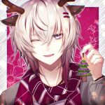  1boy animal_ears antlers border christmas_ornaments christmas_tree collar_x_malice deer_ears grey_hair highres jewelry looking_at_viewer male_focus multicolored_hair necklace okazaki_kei one_eye_closed open_mouth purple_eyes red_background red_hair red_scarf reindeer_antlers reindeer_boy scarf short_hair smile solo striped striped_scarf tiboom white_border white_hair white_scarf 