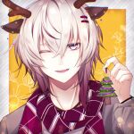  1boy animal_ears antlers border christmas_ornaments christmas_tree collar_x_malice deer_ears grey_hair highres jewelry looking_at_viewer male_focus multicolored_hair necklace okazaki_kei one_eye_closed open_mouth purple_eyes red_hair red_scarf reindeer_antlers reindeer_boy scarf short_hair smile solo striped striped_scarf tiboom white_border white_hair white_scarf yellow_background 
