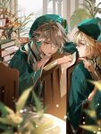  2boys absurdres ahoge alhaitham_(genshin_impact) bangs beret blonde_hair blurry blurry_foreground book book_stack bracer cable chair commentary crescent_(cgcrescent) cup depth_of_field earrings eyelashes feather_hair_ornament feathers flower genshin_impact gold_trim green_eyes green_headwear green_jacket grey_hair hair_between_eyes hair_ornament hand_up hat highres holding holding_paper indoors jacket jewelry kaveh_(genshin_impact) light_particles long_hair long_sleeves looking_at_another male_focus multiple_boys paper parted_bangs parted_lips plant pointing profile red_eyes robe short_hair sidelocks sitting swept_bangs tiered_tray tray vase white_robe wide_sleeves yellow_flower 