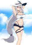  1girl absurdres arknights armpits arms_up bare_legs bare_shoulders black_choker blue_shorts blue_sky blush breasts choker cloud commentary day feet_out_of_frame fnzz grey_hair hair_between_eyes highres large_breasts long_hair looking_at_viewer low-tied_long_hair midriff navel nose_blush off-shoulder_shirt off_shoulder red_eyes shirt short_shorts short_sleeves shorts skadi_(arknights) skadi_(waverider)_(arknights) sky solo standing stomach thigh_strap thighs very_long_hair white_headwear white_shirt 