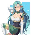  1girl aqua_hair arm_behind_head armor bare_shoulders braid breasts chloe_(fire_emblem) cleavage commentary_request covered_navel earrings elbow_gloves feet_out_of_frame fire_emblem fire_emblem_engage gloves green_eyes hair_ribbon halterneck highres jewelry large_breasts lilshironeko long_hair looking_at_viewer pauldrons ribbon shoulder_armor single_braid sitting skirt smile solo thighhighs thighs white_gloves white_thighhighs 