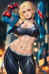  1girl abs armpits blonde_hair blue_jacket blurry blurry_background breasts cammy_white cleavage crop_top cropped_jacket fingerless_gloves gloves highres jacket muscular muscular_female navel navel_piercing neoartcore pants piercing scar scar_on_cheek scar_on_face short_hair solo standing stomach street_fighter street_fighter_6 tight tight_pants vambraces 