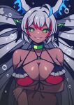  1girl absurdres ahoge arm_under_breasts bacon_strips bare_shoulders bikini borrowed_character breasts choker cleavage collarbone commission dark-skinned_female dark_skin green_eyes grey_hair grin highres large_breasts looking_at_viewer multicolored_hair navel o-ring o-ring_bikini o-ring_top original parted_lips red_bikini red_hair short_hair smile solo swimsuit teeth upper_body 