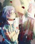  1boy blood blue_eyes blue_hair blue_jacket collar_x_malice facing_to_the_side glasses hand_on_glass jacket long_sleeves male_focus multicolored_clothes multicolored_jacket parted_lips roman_numeral sera_akito short_hair solo spoilers sutal teeth unhappy white_jacket 