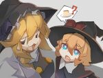  2girls :3 ? bangs black_capelet black_eyes black_headwear blonde_hair blue_eyes bow bright_pupils buttons capelet commentary cookie_(touhou) d: food food_on_face grey_background hair_between_eyes hat hat_bow kirisame_marisa long_hair looking_at_another looking_to_the_side meguru_(cookie) multiple_girls nervous nnuesuki open_mouth pudding purple_bow red_bow shirt short_hair spoken_object touhou turtleneck two-tone_background upper_body white_pupils white_shirt witch_hat yuuhi_(cookie) 