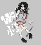  1girl agpgwm backpack bag bandaid bandaid_on_leg bangs black_eyes black_footwear black_hair expressionless floating_hair full_body grey_background grey_hoodie hair_bobbles hair_ornament hands_in_pockets highres himitsu_no_shougakusei_(vocaloid) hood hoodie instrument kaai_yuki kneehighs knees_together_feet_apart long_sleeves looking_at_viewer low_twintails musical_note musical_note_print paper pink_bag pink_skirt pleated_skirt print_hoodie randoseru recorder scissors shoes short_twintails shoulder_strap skirt sneakers socks solo song_name test_score_(paper) twintails vocaloid white_socks 