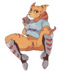  angela_cross anthro beverage_can boots bottomless bottomless_female brown_markings clothed clothing drinking female footwear fur garbatge graphic_tee lombax mammal markings orange_body orange_fur ratchet_and_clank solo sony_corporation sony_interactive_entertainment spread_legs spreading 