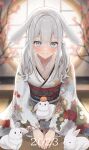  1girl 2023 absurdres animal_ears bangs blue_eyes blurry blurry_background blush closed_mouth hair_between_eyes highres honome_sui indoors japanese_clothes kimono kneeling light_particles obi original print_kimono rabbit rabbit_ears rabbit_girl sash sidelocks smile twintails white_hair 