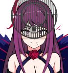  1girl bare_shoulders breasts brooch english_commentary fascinator fire_emblem fire_emblem_engage flower flower_brooch grill highres ivy_(fire_emblem) jewelry large_breasts long_hair looking_at_viewer mole mole_under_mouth purple_eyes purple_hair red_flower red_rose rose tavi_(hosheezus) 