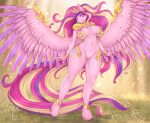  2023 anthro areola breasts cheezayballz cutie_mark digital_media_(artwork) equid equine eyebrows eyelashes female fingers friendship_is_magic genitals hasbro hi_res horn looking_at_viewer mammal my_little_pony navel nipples pink_body princess_cadance_(mlp) pussy solo spread_wings winged_unicorn wings 