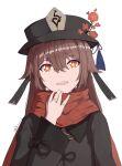  1girl 2023 :d black_headwear black_jacket brown_hair dated fang flower genshin_impact hat hat_flower highres hu_tao_(genshin_impact) jacket long_hair long_sleeves looking_at_viewer open_mouth red_eyes red_flower red_scarf scarf signature smile solo star-shaped_pupils star_(symbol) symbol-shaped_pupils upper_body white_background yang_zheng_yu 