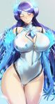  1girl bangs bare_shoulders blue_fire blush breasts brighid_(xenoblade) cleavage closed_eyes covered_navel elbow_gloves fiery_hair fire gloves highleg highleg_swimsuit highres kumakichi_(cost-lost) large_breasts long_hair one-piece_swimsuit purple_hair solo swimsuit thighs very_long_hair white_one-piece_swimsuit xenoblade_chronicles_(series) xenoblade_chronicles_2 