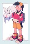  1boy backpack backwards_hat bag bangs baseball_cap black_eyes black_hair black_shirt boots border closed_mouth commentary_request ethan_(pokemon) grey_bag grey_border hat highres holding_strap jacket long_sleeves male_focus motion_lines ok_ko19 one_eye_closed petting pink_jacket pokemon pokemon_(creature) pokemon_(game) pokemon_gsc shirt short_hair shorts standing togetic yellow_shorts 