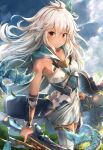  1girl absurdres ahoge animal armor armored_boots armored_dress armpit_crease bad_id bad_pixiv_id bangs bare_arms bare_shoulders blue_dress blue_sky boots breasts capelet closed_mouth cloud cloudy_sky collarbone dark-skinned_female dark_skin day dragon dress granblue_fantasy gun hair_between_eyes hair_over_shoulder head_tilt highres holding holding_gun holding_shield holding_weapon long_hair looking_at_viewer outdoors ponyaru red_eyes rifle shield short_dress sidelocks sky sleeveless sleeveless_dress small_breasts small_dragon solo thigh_boots two-tone_dress vambraces very_long_hair wavy_hair weapon white_dress white_hair zettai_ryouiki zooey_(granblue_fantasy) 